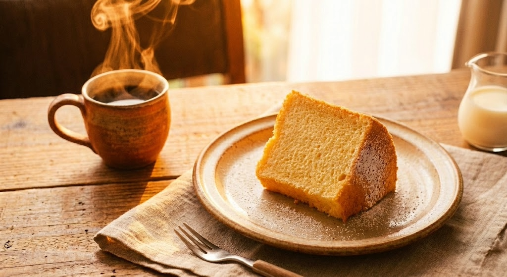 暖かな光に包まれたテーブルの風景。粉砂糖がかけられたグルテンフリーの米粉シフォンケーキと、湯気が立つ温かいコーヒー、ミルクピッチャーが置かれている。