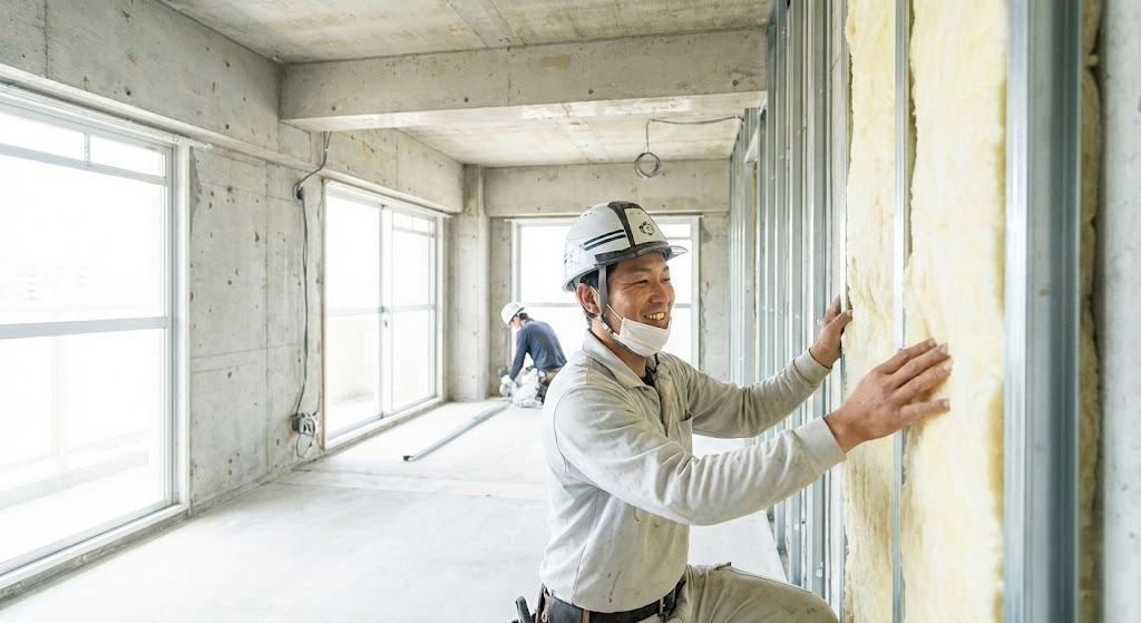 マンションの壁に断熱材を張っている男性の写真