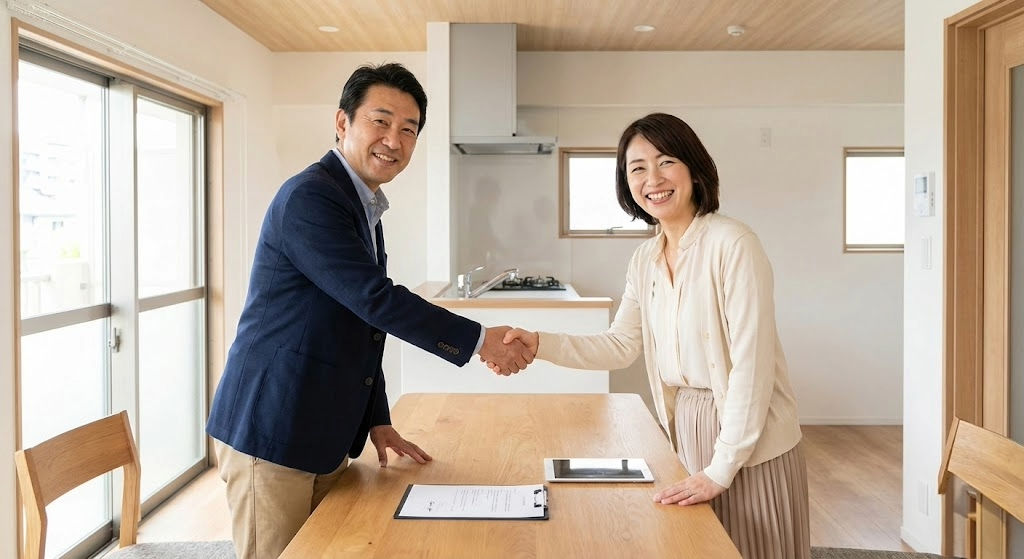 お客様とリフォーム後のお家で握手をする男性の写真