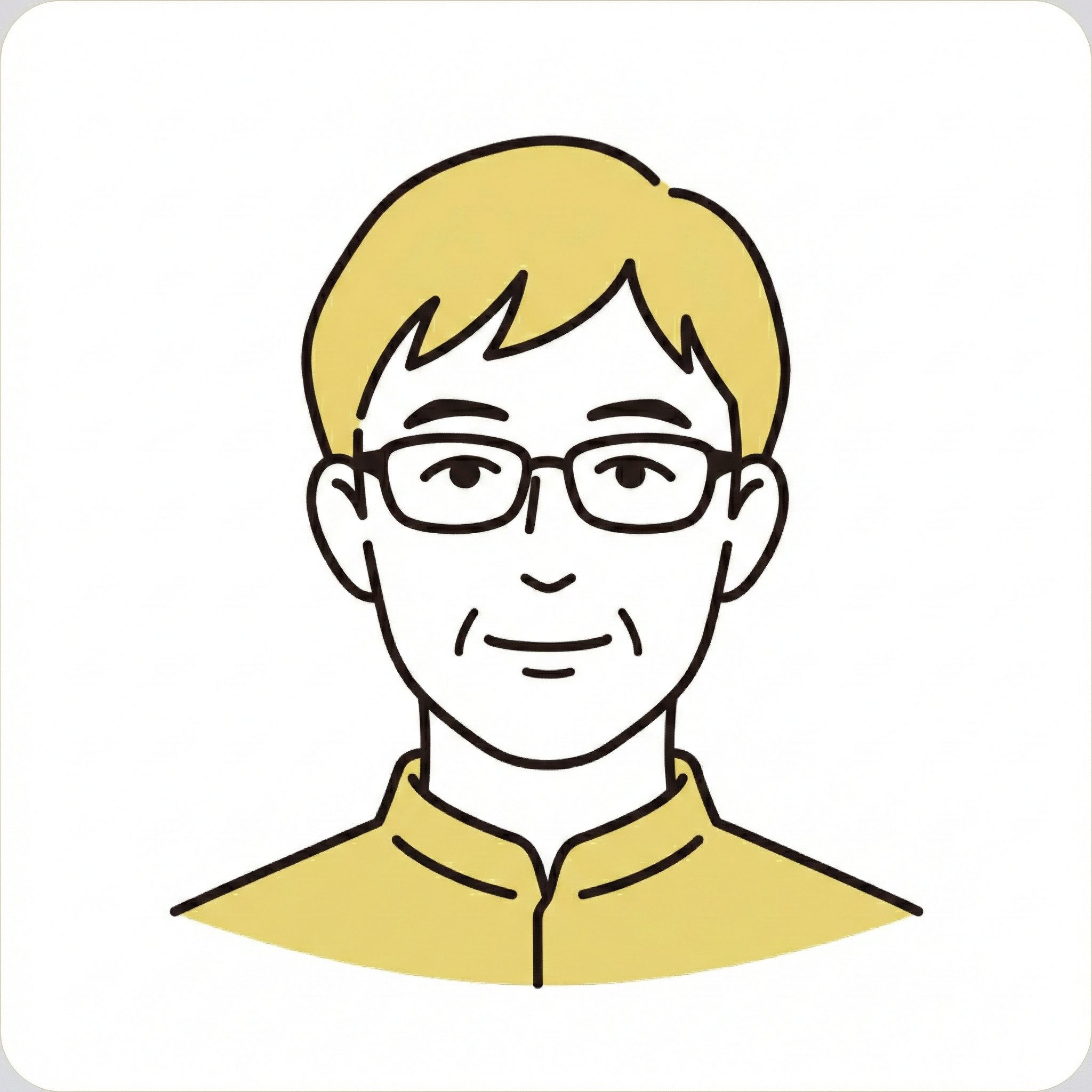 黄色の差し色と繊細な黒のラインで描かれた、親しみやすく清潔感のある似顔絵イラスト。短髪で眼鏡をかけた、穏やかな表情の男性。黄色のスタンドカラーのシャツを着用。