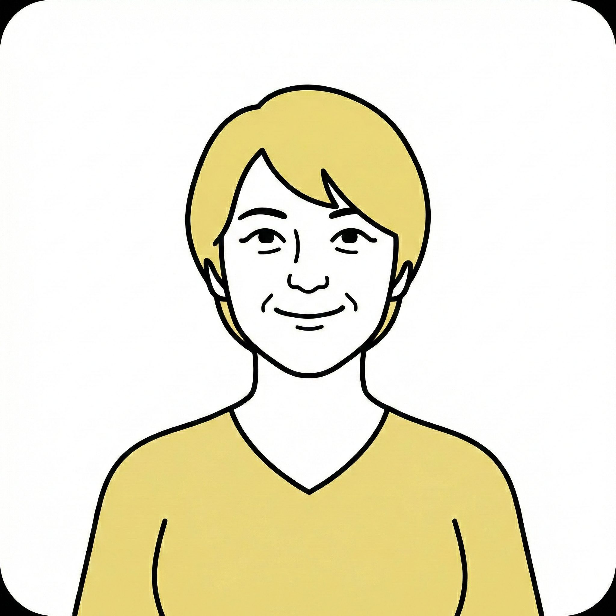 黄色の差し色と繊細な黒のラインで描かれた、親しみやすく清潔感のある似顔絵イラスト。ショートヘアで目尻に優しいシワのある、上品な笑顔の女性。黄色のVネックトップスを着用。