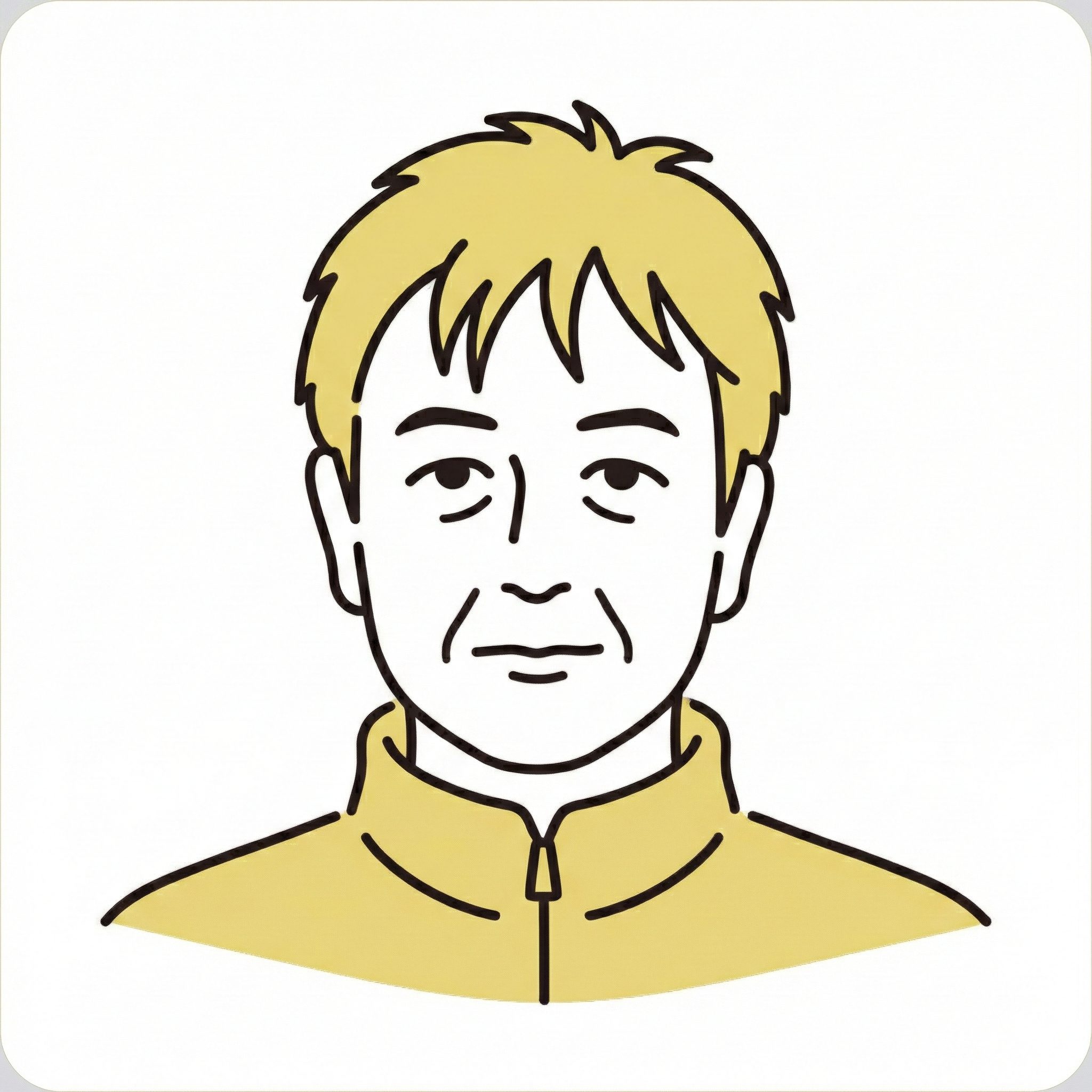 黄色の差し色と繊細な黒のラインで描かれた、親しみやすく清潔感のある似顔絵イラスト。少し毛先を遊ばせた短髪の男性。黄色のジップアップウェアを着用し、落ち着いた笑みを浮かべている。