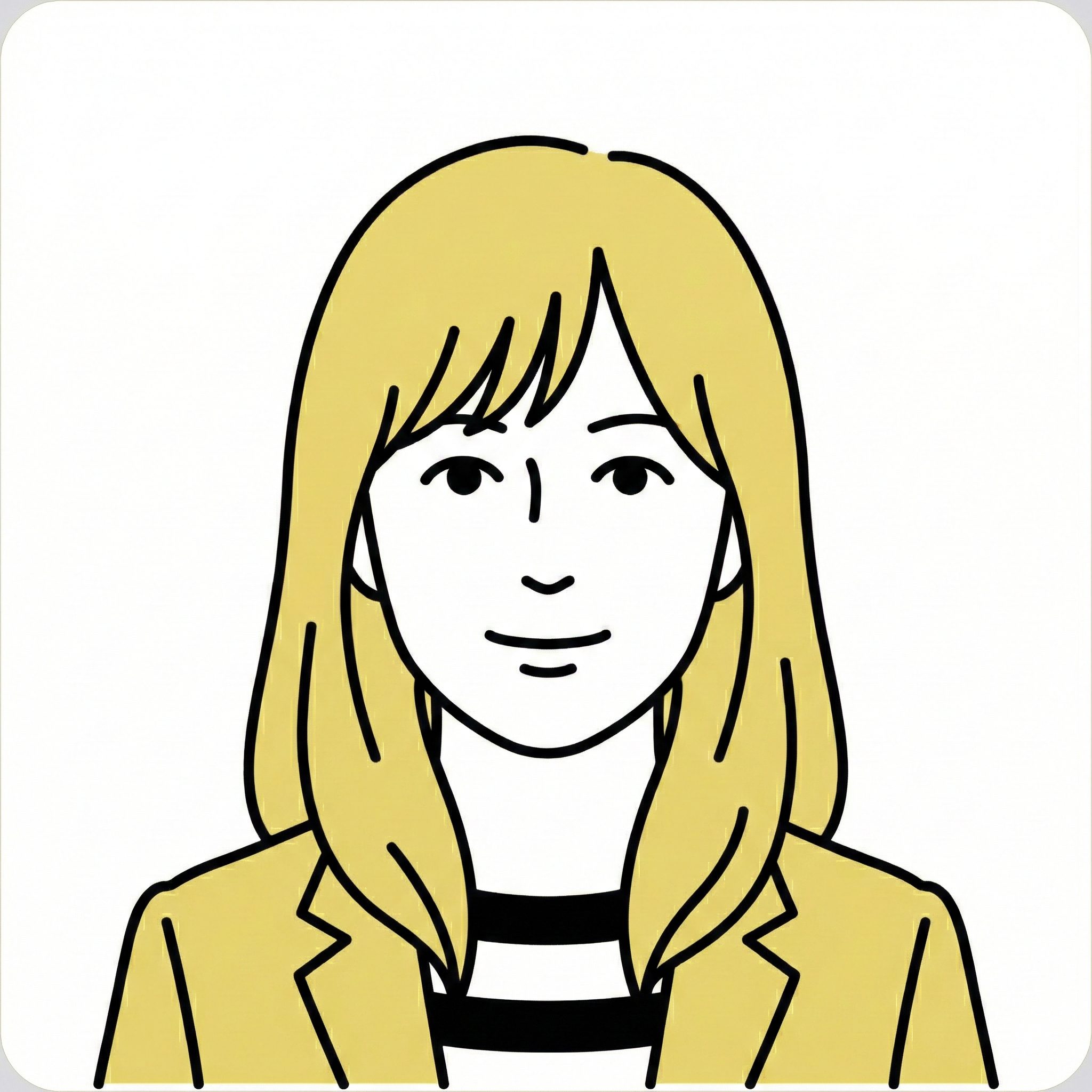 黄色の差し色と繊細な黒のラインで描かれた、親しみやすく清潔感のある似顔絵イラスト。肩まであるストレートヘアの女性。黄色いジャケットにボーダーのインナーを合わせ、優しく微笑んでいる表情。